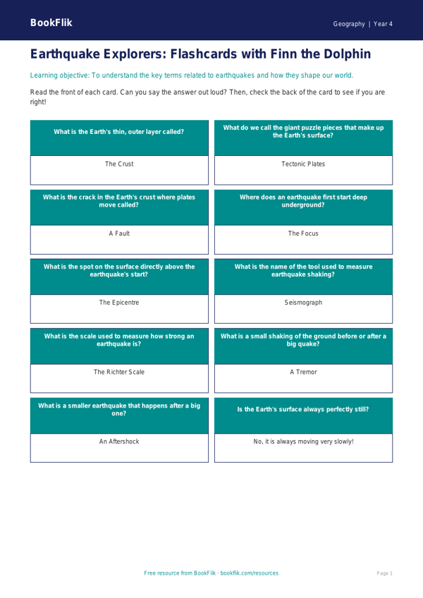 Free Earthquakes Flashcards | Year 4 Supported | BookFlik worksheet preview — Geography Earthquakes