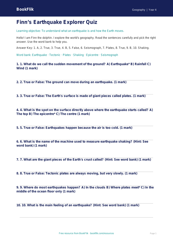 Free Earthquakes Quiz | Year 4 Supported | BookFlik worksheet preview — Geography Earthquakes
