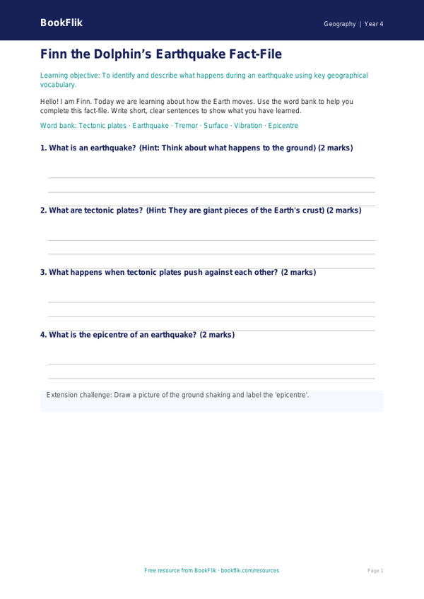 Free Earthquakes Template | Year 4 Supported | BookFlik worksheet preview — Geography Earthquakes