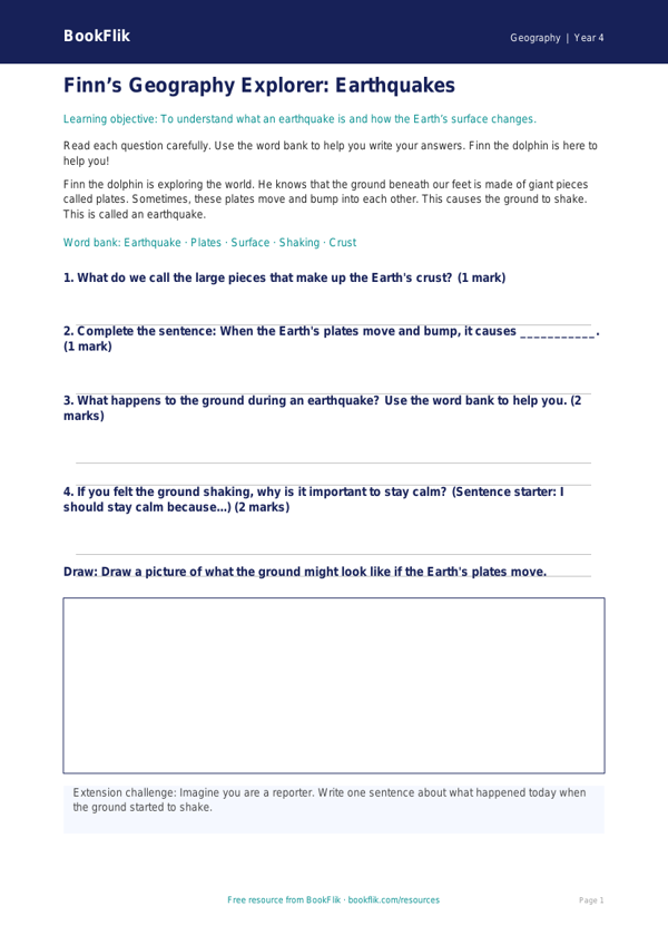 Free Earthquakes Worksheet | Year 4 Supported | BookFlik worksheet preview — Geography Earthquakes