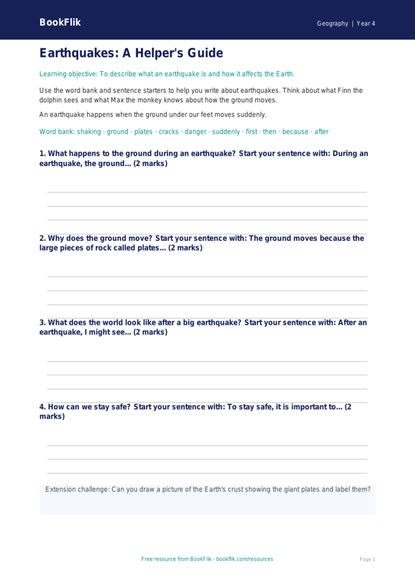 Free Earthquakes Writing Frame | Year 4 Supported | BookFlik worksheet preview — Geography Earthquakes