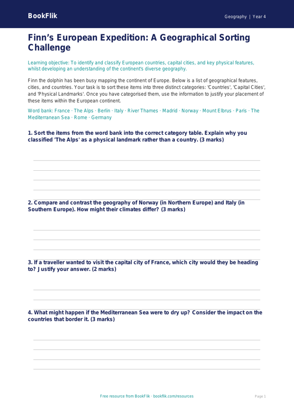 Free Europe Activity Sheet | Year 4 Greater Depth | BookFlik worksheet preview — Geography Europe