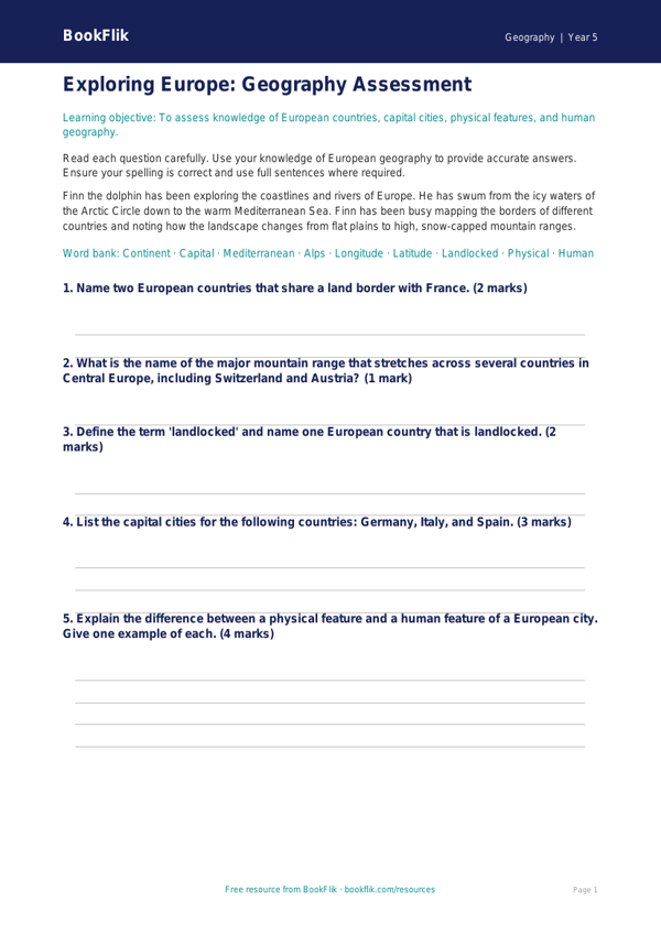 Free Europe Assessment | Year 5 Core | BookFlik worksheet preview — Geography Europe