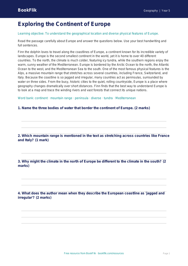 Free Europe Comprehension | Year 5 Core | BookFlik worksheet preview — Geography Europe