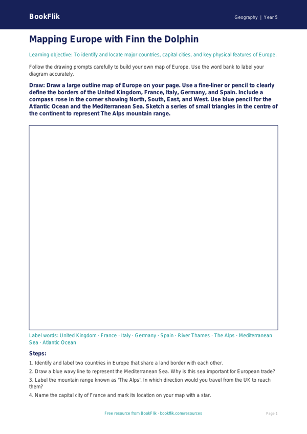 Free Europe Map Drawing Worksheet | Year 5 Geography | BookFlik worksheet preview — Geography Europe