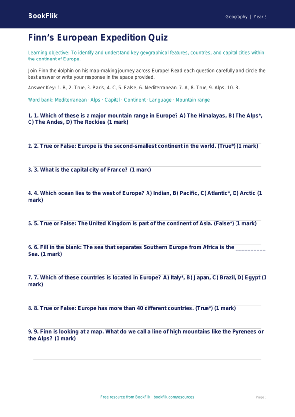 Free Europe Quiz | Year 5 Core | BookFlik worksheet preview — Geography Europe