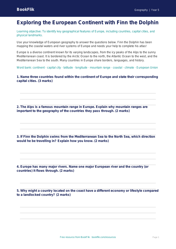 Free Europe Worksheet | Year 5 Geography | BookFlik worksheet preview — Geography Europe