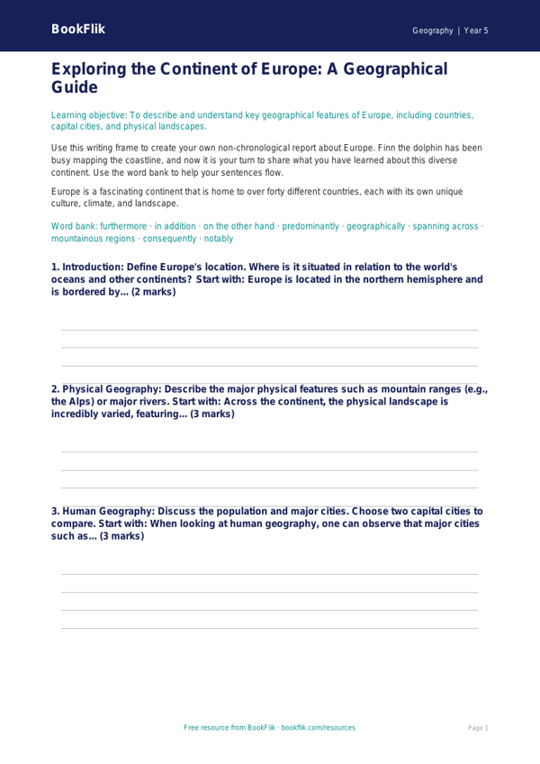Free Europe Writing Frame | Year 5 Core | BookFlik worksheet preview — Geography Europe
