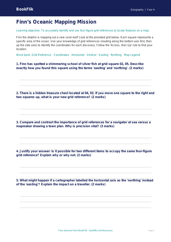 Free Grid References Activity Sheet | Year 4 Greater Depth | BookFlik worksheet preview — Geography Grid References