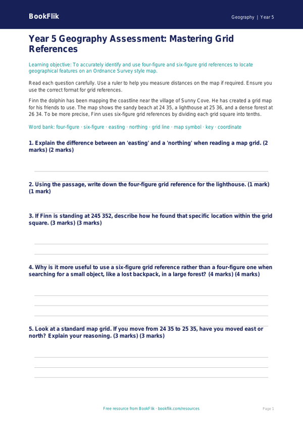 Free Grid References Assessment | Year 5 Core | BookFlik worksheet preview — Geography Grid References