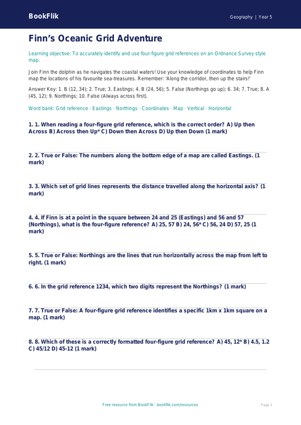 Free Grid References Quiz | Year 5 Core | BookFlik worksheet preview — Geography Grid References