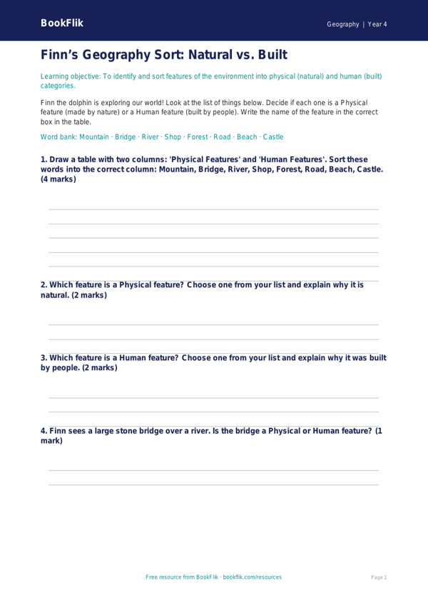 Free Human And Physical Geography Activity Sheet | Year 4 Supported | BookFlik worksheet preview — Geography Human And Physical Geography
