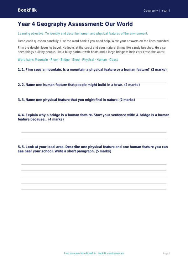 Free Human And Physical Geography Assessment | Year 4 Supported | BookFlik worksheet preview — Geography Human And Physical Geography