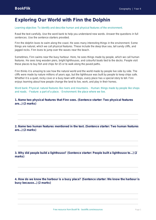 Free Human And Physical Geography Comprehension | Year 4 Supported | BookFlik worksheet preview — Geography Human And Physical Geography