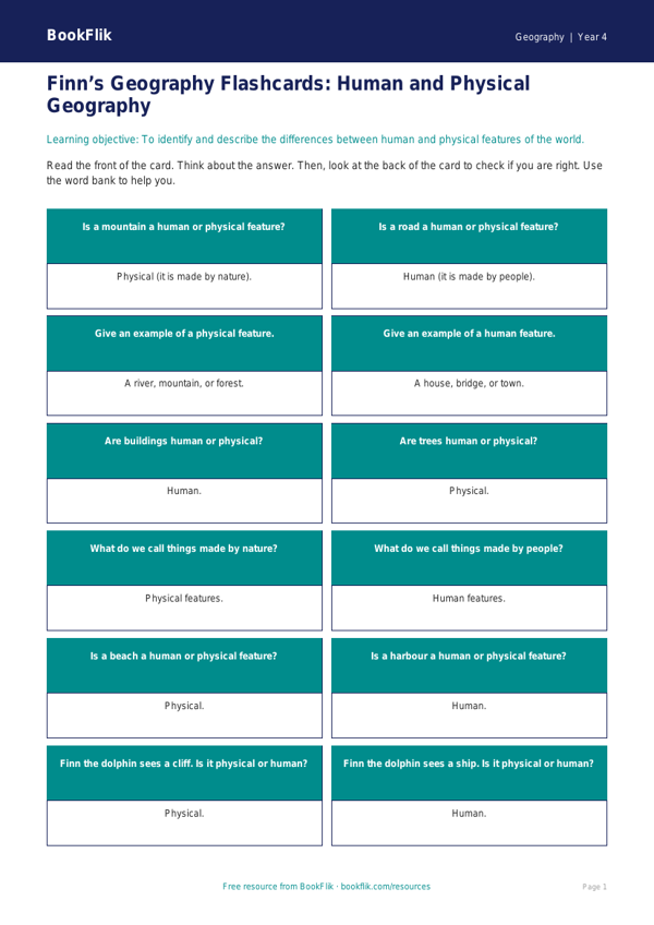 Free Human And Physical Geography Flashcards | Year 4 Supported | BookFlik worksheet preview — Geography Human And Physical Geography