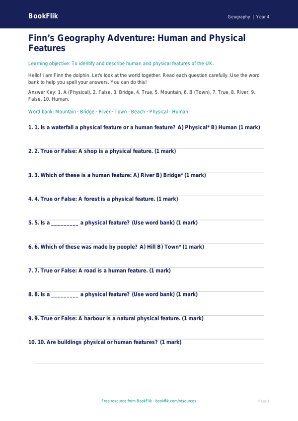 Free Human And Physical Geography Quiz | Year 4 Supported | BookFlik worksheet preview — Geography Human And Physical Geography