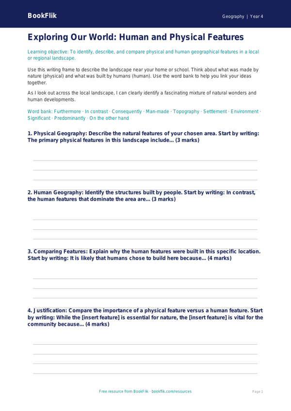 Free Human And Physical Geography Writing Frame | Year 4 Greater Depth | BookFlik worksheet preview — Geography Human And Physical Geography