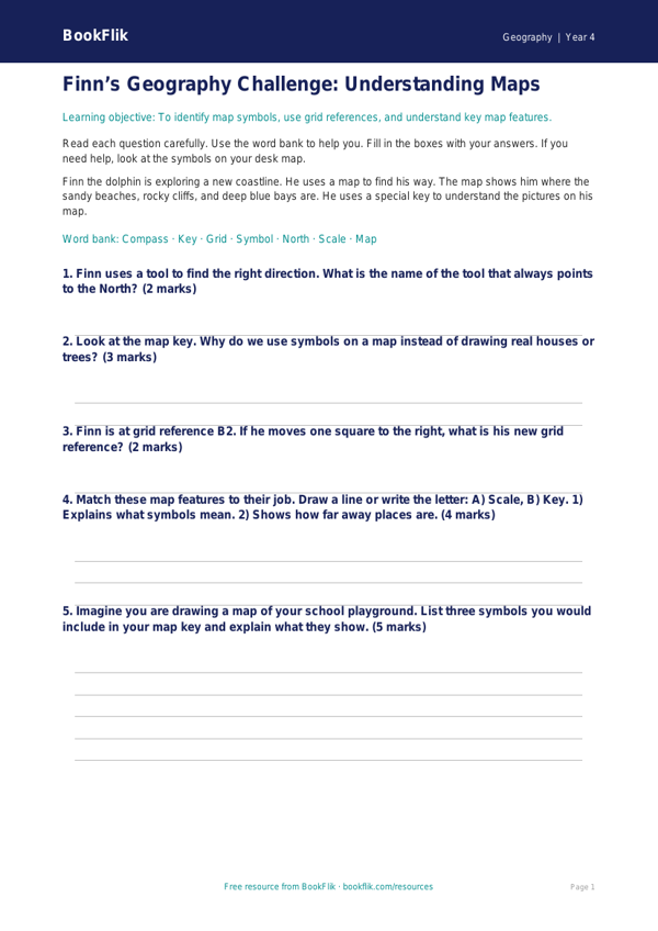 Free Map Skills Assessment | Year 4 Supported | BookFlik worksheet preview — Geography Map Skills