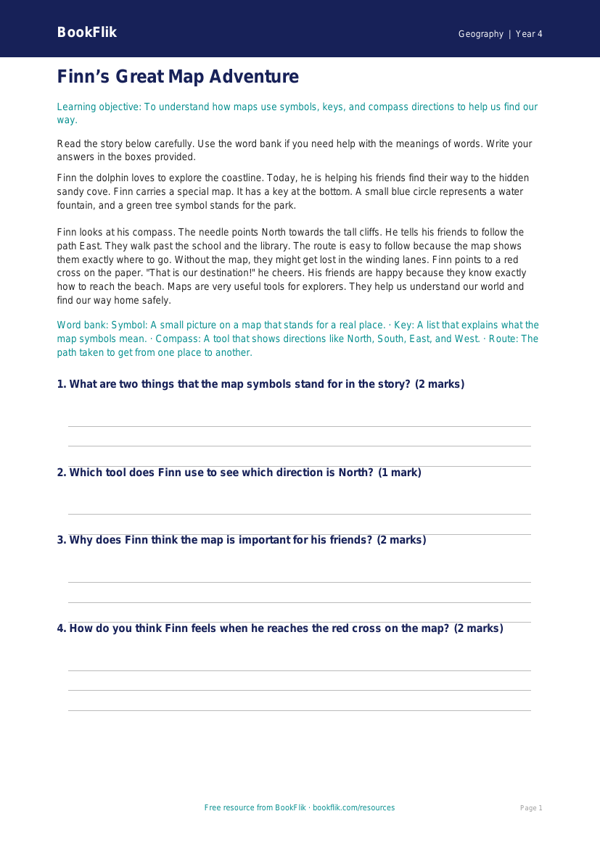 Free Map Skills Comprehension | Year 4 Supported | BookFlik worksheet preview — Geography Map Skills