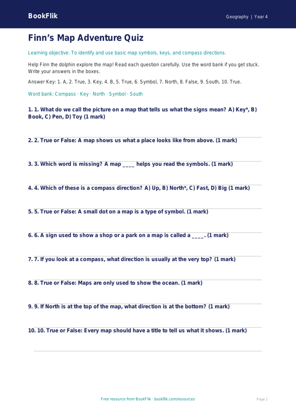 Free Map Skills Quiz | Year 4 Supported | BookFlik worksheet preview — Geography Map Skills