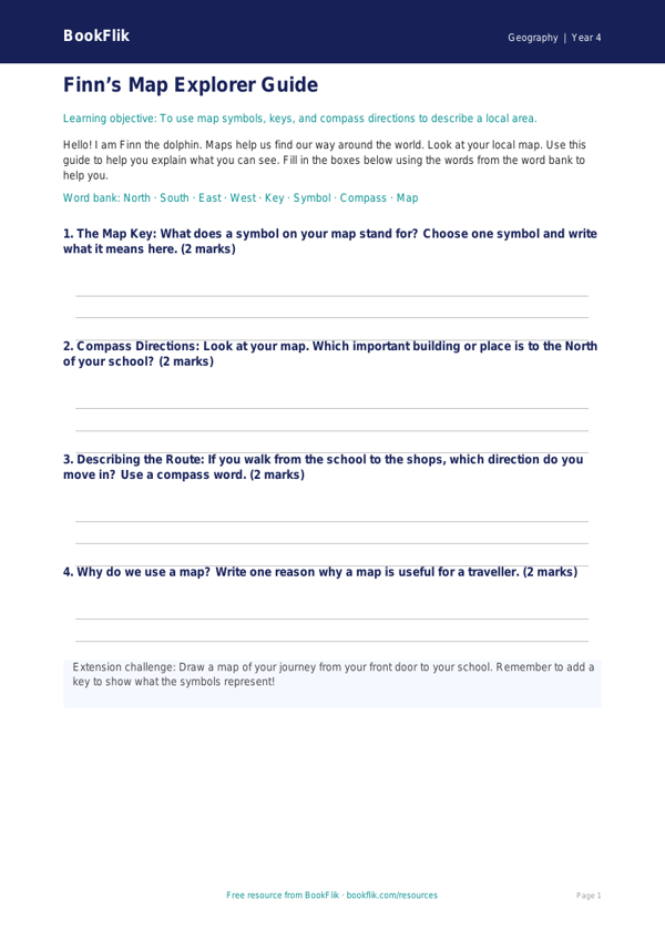 Free Map Skills Template | Year 4 Supported | BookFlik worksheet preview — Geography Map Skills