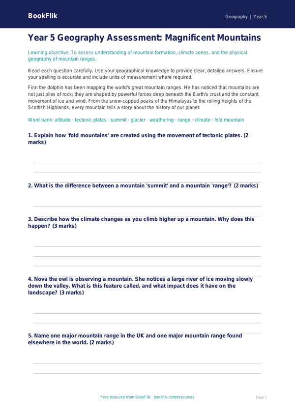 Free Mountains Assessment | Year 5 Core | BookFlik worksheet preview — Geography Mountains