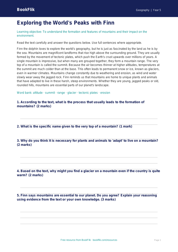 Free Mountains Comprehension | Year 5 Core | BookFlik worksheet preview — Geography Mountains