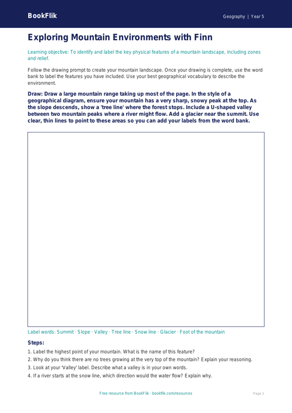Free Mountains Drawing Sheet | Year 5 Core | BookFlik worksheet preview — Geography Mountains