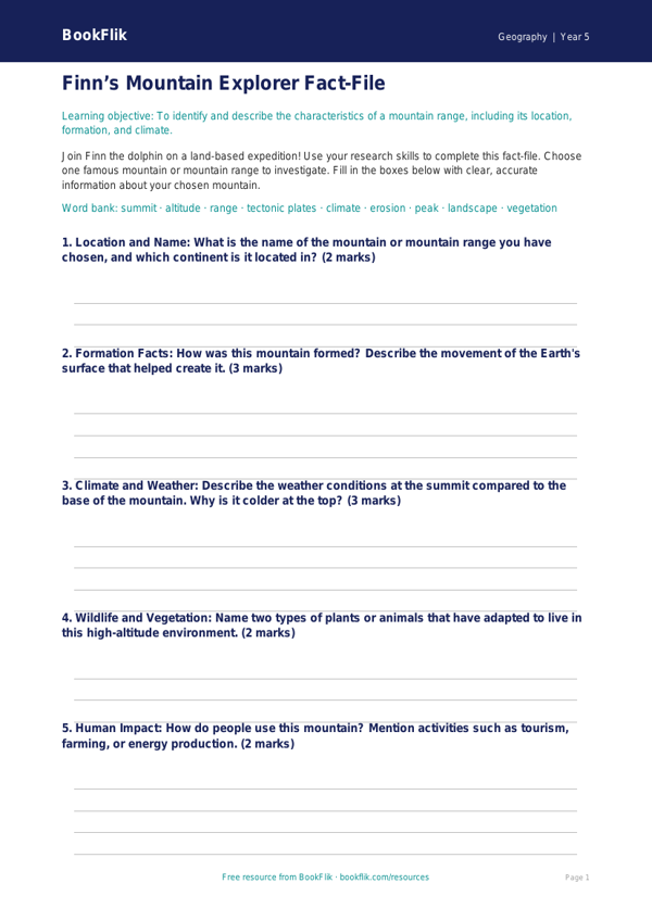 Free Mountains Template | Year 5 Core | BookFlik worksheet preview — Geography Mountains