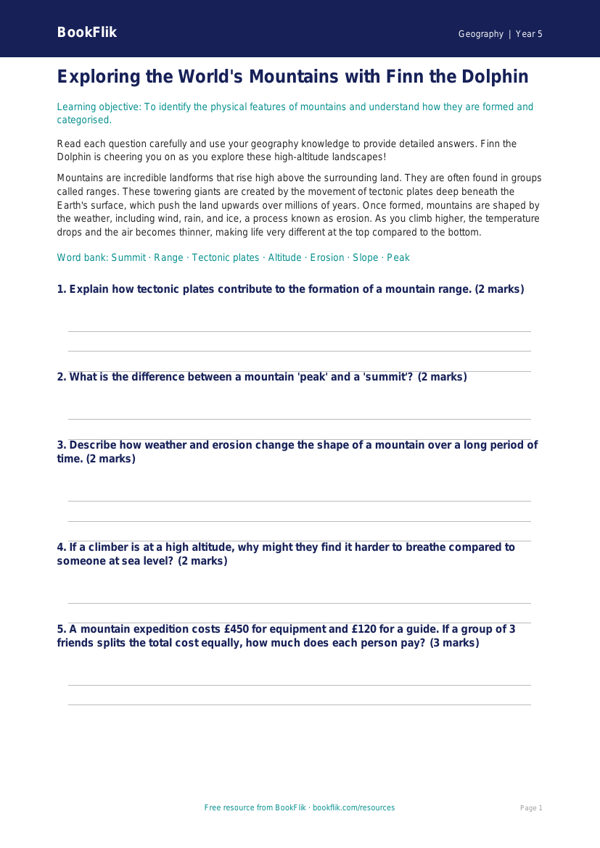 Free Mountains Worksheet | Year 5 Core | BookFlik worksheet preview — Geography Mountains