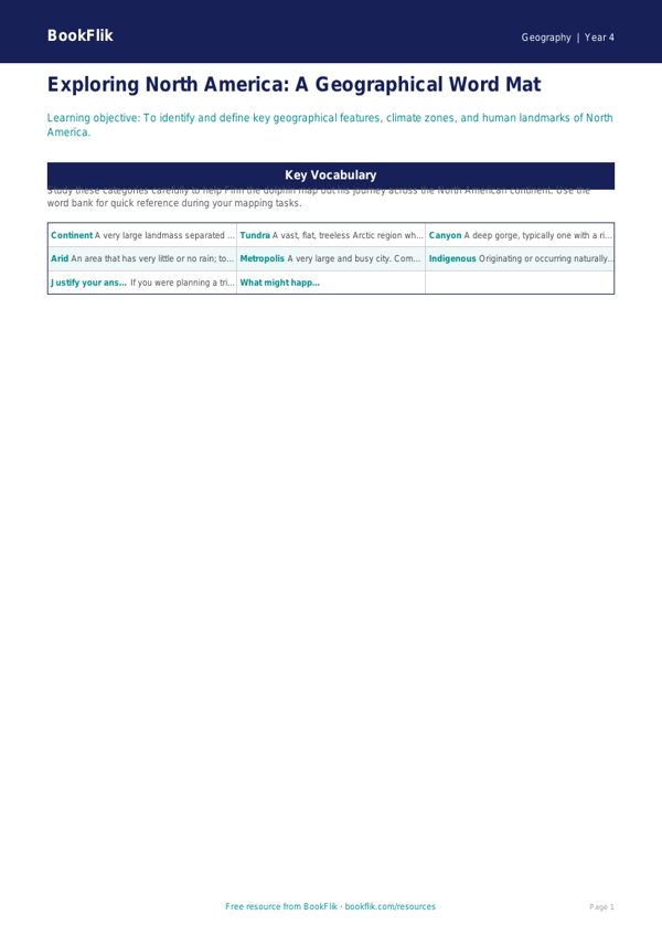 Free North America Word Mat | Year 4 Greater Depth | BookFlik worksheet preview — Geography North America