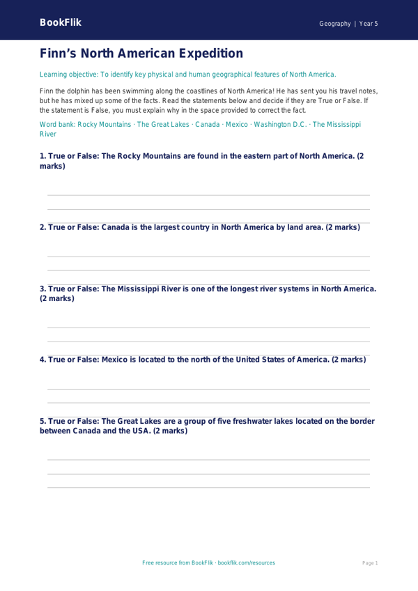 Free North America Activity Sheet | Year 5 Core | BookFlik worksheet preview — Geography North America