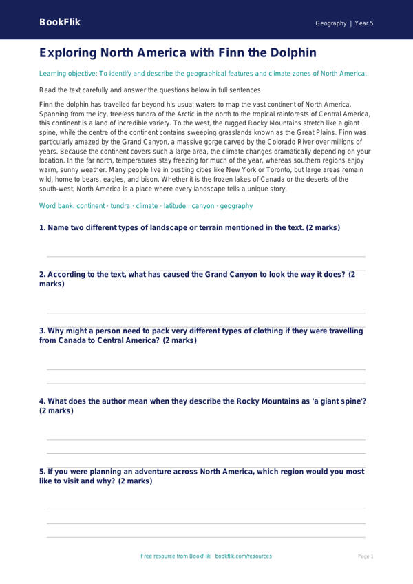 Free North America Comprehension | Year 5 Core | BookFlik worksheet preview — Geography North America
