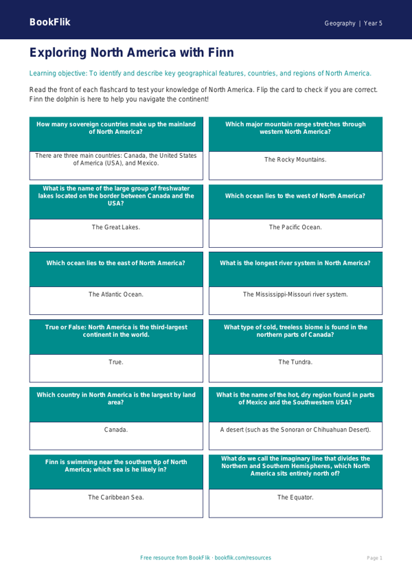 Free North America Flashcards | Year 5 Core | BookFlik worksheet preview — Geography North America