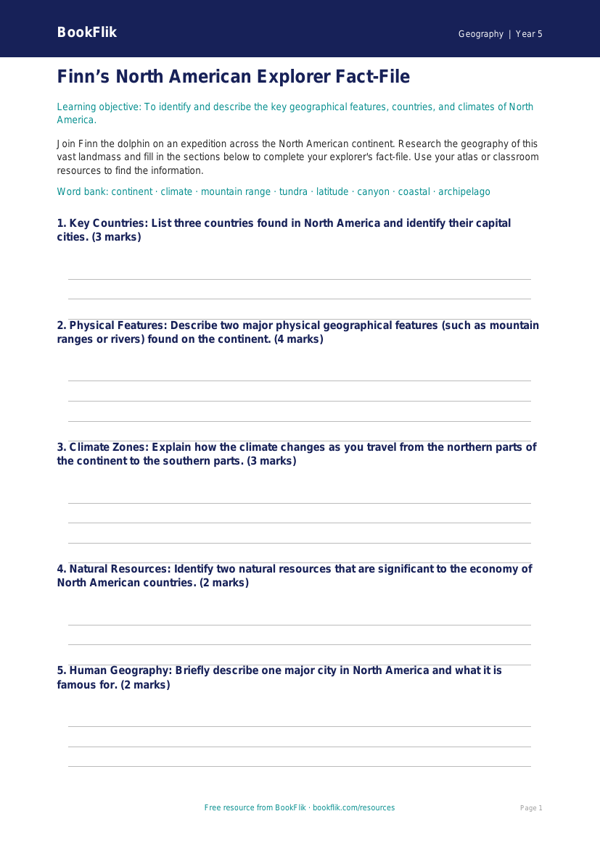 Free North America Geography Worksheet | Year 5 Core | BookFlik worksheet preview — Geography North America