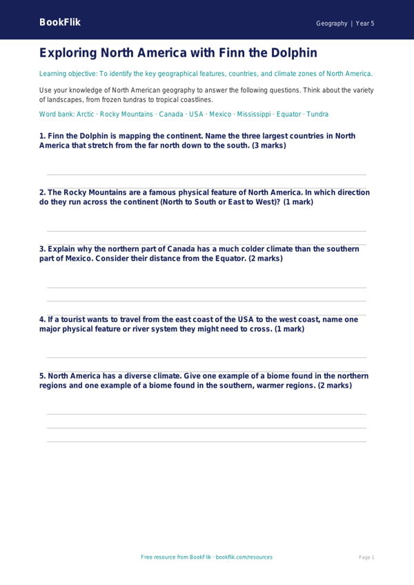 Free North America Worksheet | Year 5 Core | BookFlik worksheet preview — Geography North America