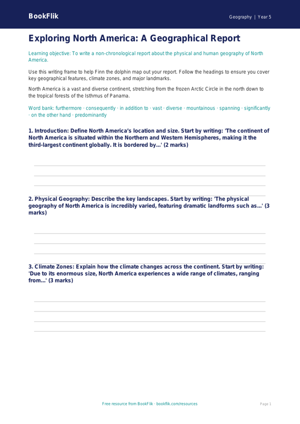 Free North America Writing Frame | Year 5 Core | BookFlik worksheet preview — Geography North America