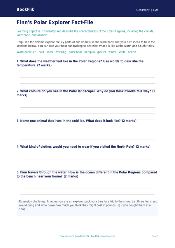 Free Polar Regions Worksheet | EYFS Geography Activity | BookFlik worksheet preview — Geography Polar Regions
