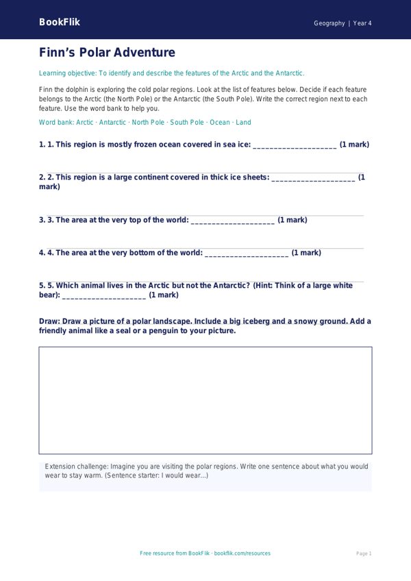 Free Polar Regions Activity Sheet | Year 4 Supported | BookFlik worksheet preview — Geography Polar Regions