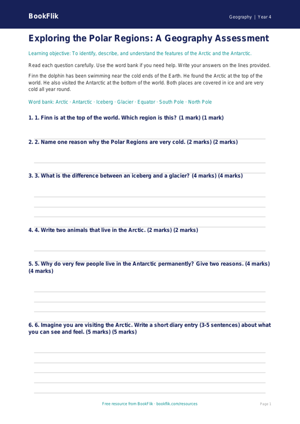 Free Polar Regions Assessment | Year 4 Supported | BookFlik worksheet preview — Geography Polar Regions