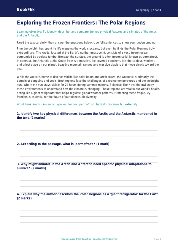 Free Polar Regions Comprehension | Year 4 Greater Depth | BookFlik worksheet preview — Geography Polar Regions