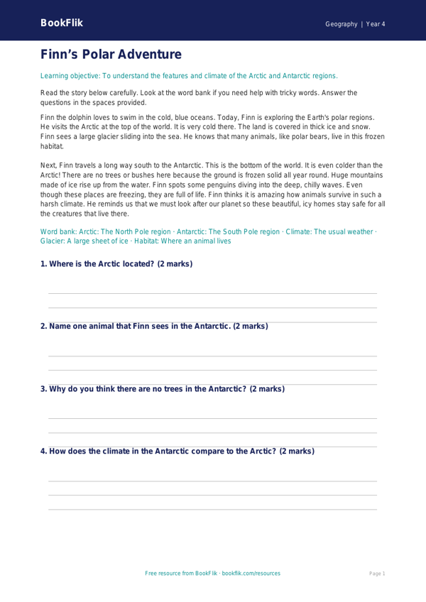 Free Polar Regions Comprehension | Year 4 Supported | BookFlik worksheet preview — Geography Polar Regions