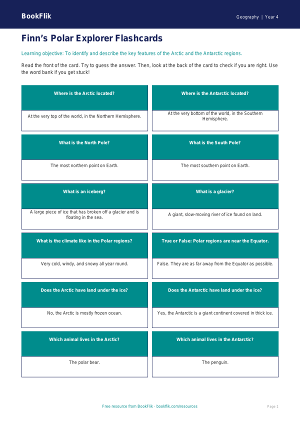 Free Polar Regions Flashcards | Year 4 Supported | BookFlik worksheet preview — Geography Polar Regions
