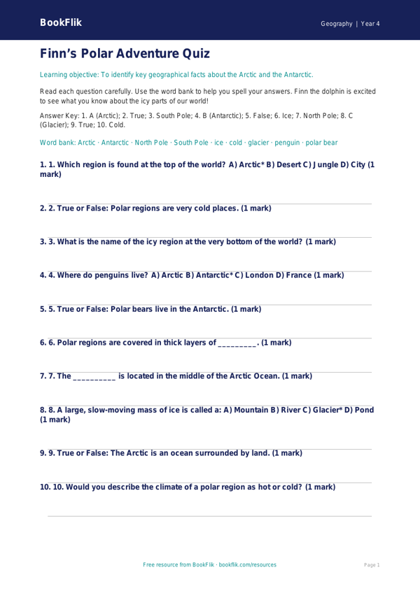 Free Polar Regions Quiz | Year 4 Supported | BookFlik worksheet preview — Geography Polar Regions