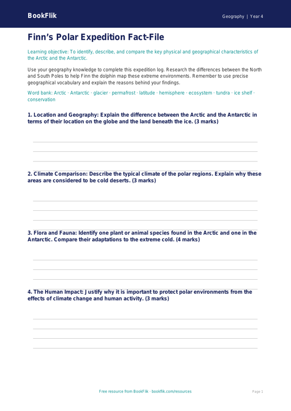 Free Polar Regions Template | Year 4 Greater Depth | BookFlik worksheet preview — Geography Polar Regions