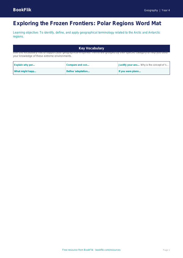 Free Polar Regions Word Mat | Year 4 Greater Depth | BookFlik worksheet preview — Geography Polar Regions