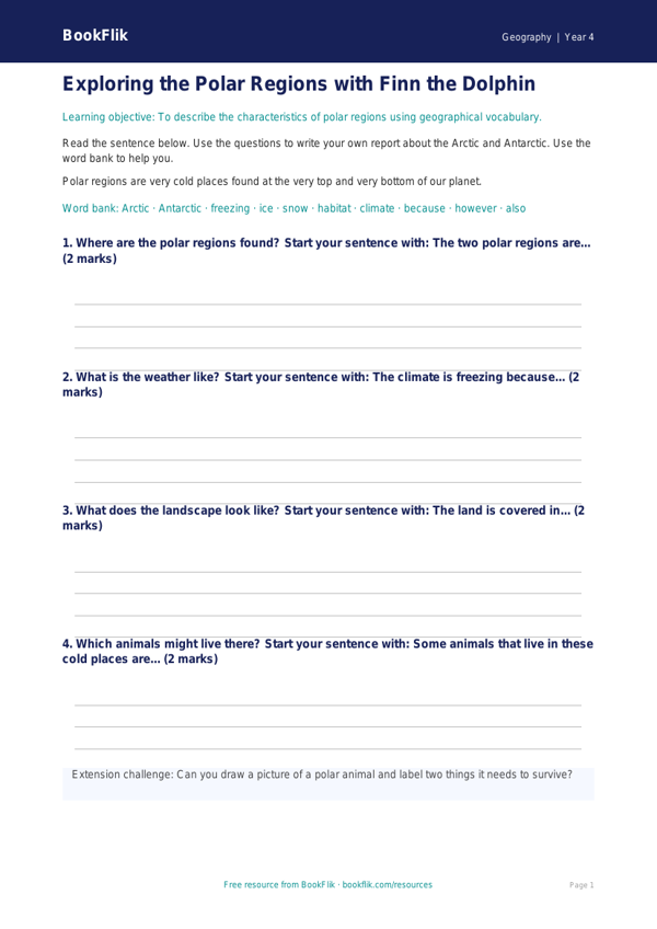 Free Polar Regions Writing Frame | Year 4 Supported | BookFlik worksheet preview — Geography Polar Regions