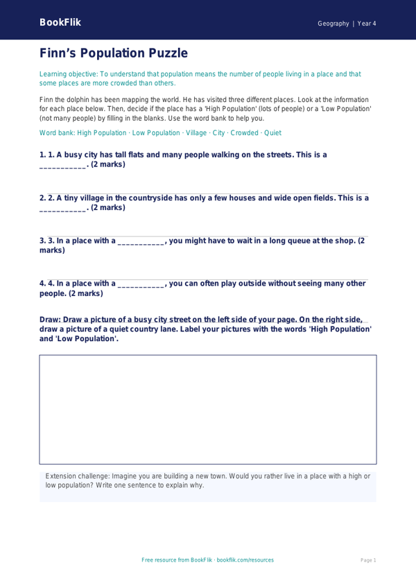 Free Population Activity Sheet | Year 4 Supported | BookFlik worksheet preview — Geography Population