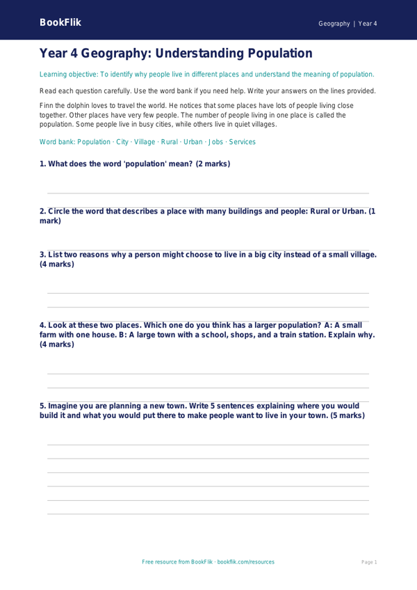 Free Population Assessment | Year 4 Supported | BookFlik worksheet preview — Geography Population