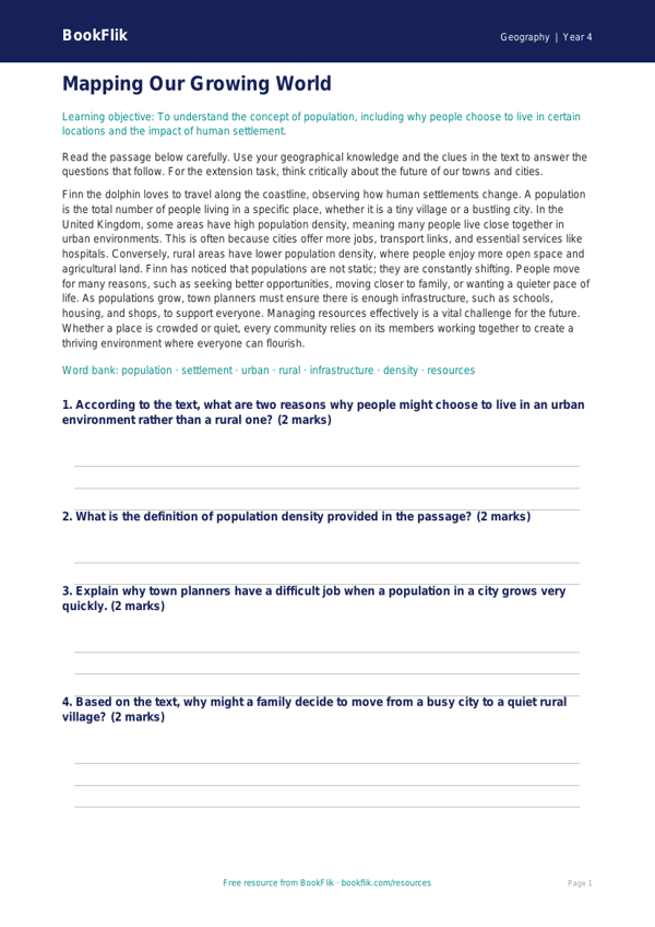 Free Population Comprehension | Year 4 Greater Depth | BookFlik worksheet preview — Geography Population